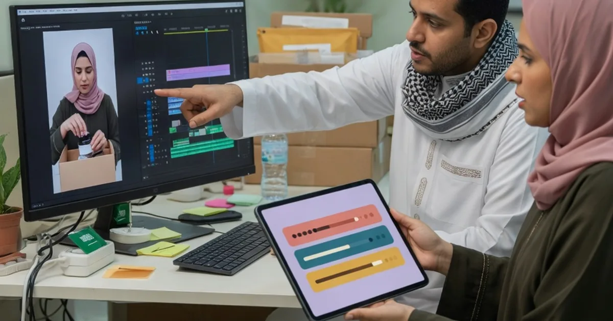 فريق متجر إلكتروني في الخبر يراجع فيديو مسلّم على شاشة مشتركة قبل القبول