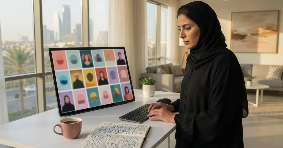 Saudi marketer reviewing creator profiles on a laptop in a Riyadh office