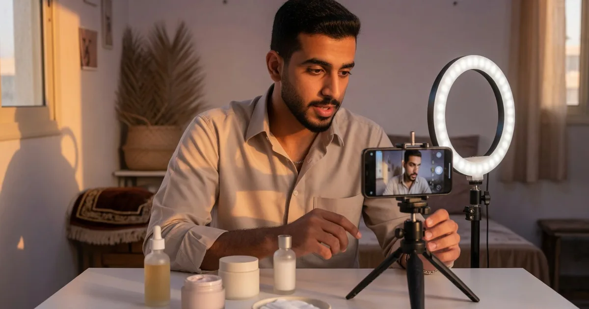 صانع محتوى سعودي يصوّر فيديو رأسي لمنتج عناية في استوديو منزلي بجدة