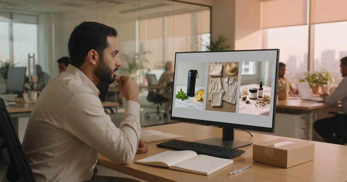 Ecommerce marketer in Jeddah comparing product video thumbnails and drafting ad hooks