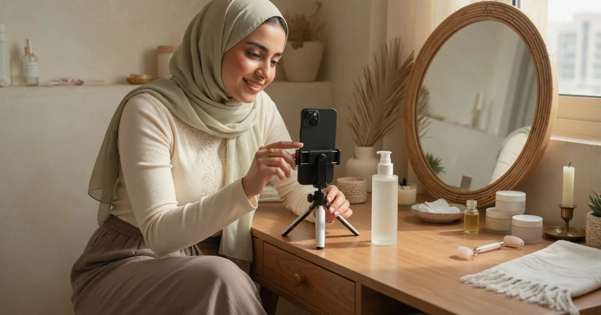 صانعة محتوى سعودية تصوّر تجربة منتج عناية بإضاءة طبيعية في منزل عصري
