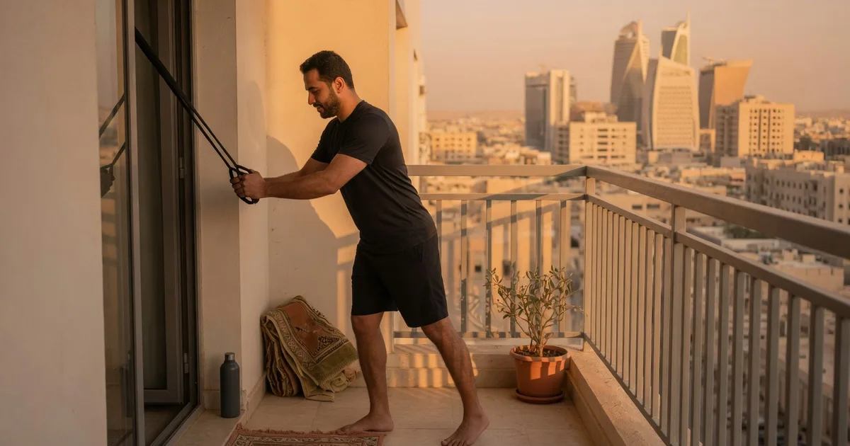 شاب سعودي يجرّب رباط مقاومة في ركن رياضي صغير على بلكونة شقة بالرياض وقت الغروب