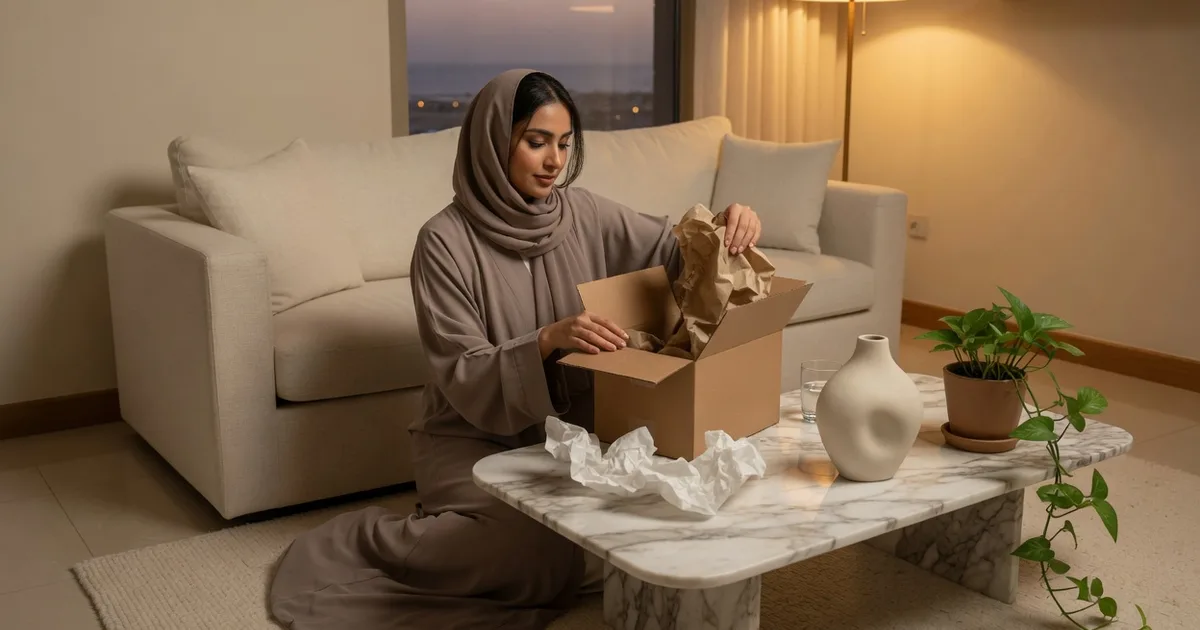 امرأة سعودية في شقة بجدة تفتح صندوق شحن على طاولة رخام وتظهر قطعة منزلية سيراميك