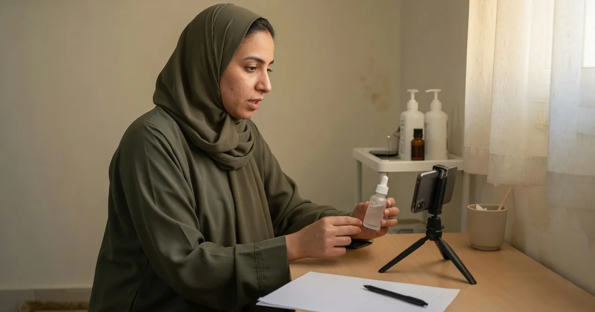 صانعة محتوى سعودية تتحدث إلى كاميرا الجوال عن منتج عناية أمام رف حمّام بسيط في الخبر