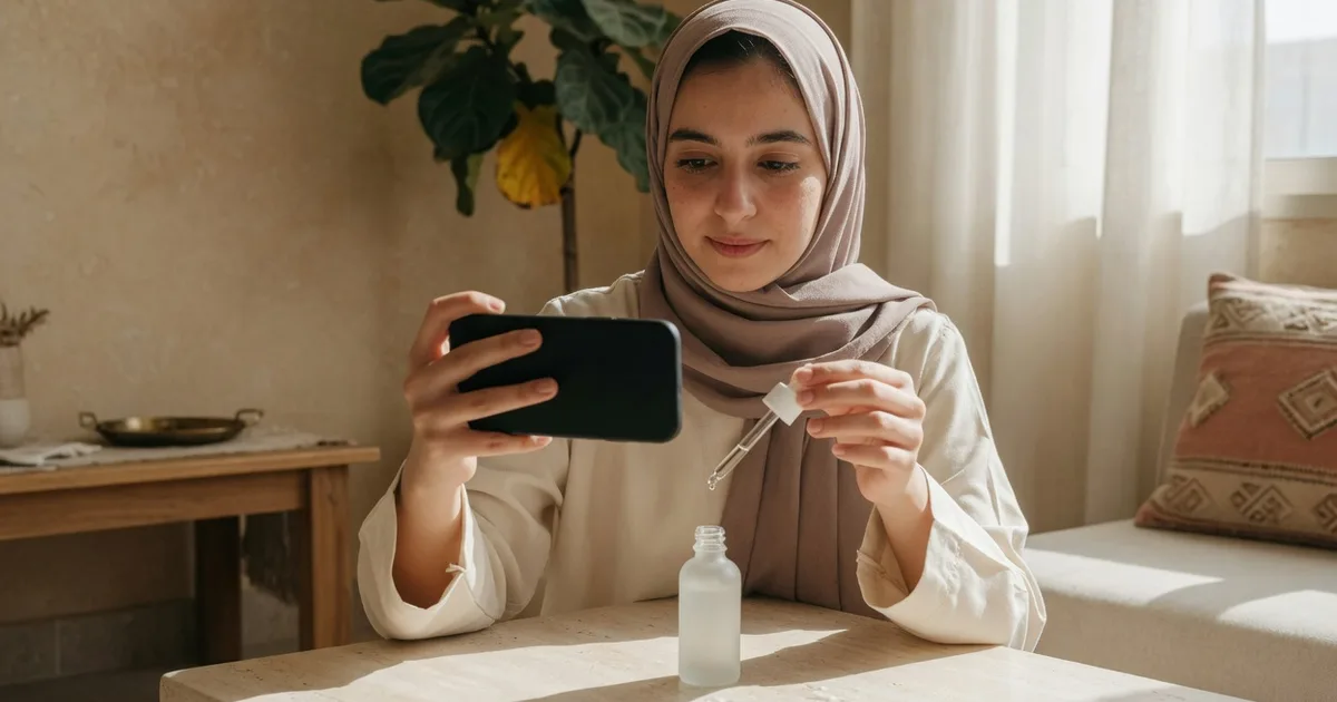 Jeddah creator filming a skincare serum on camera beside a ring light
