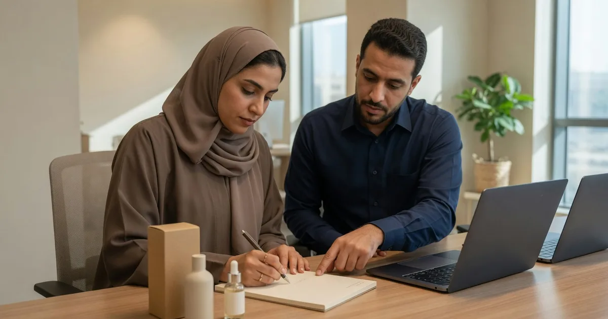 زميلتان في مكتب بالرياض تراجعان ملاحظات مكتوبة بجانب عيّنتين من المنتج.