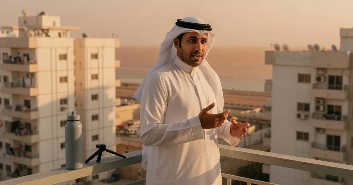 صانع محتوى على بلكونة في جدة يصوّر افتتاحية فيديو بجانب زجاجة على الدرابزين.