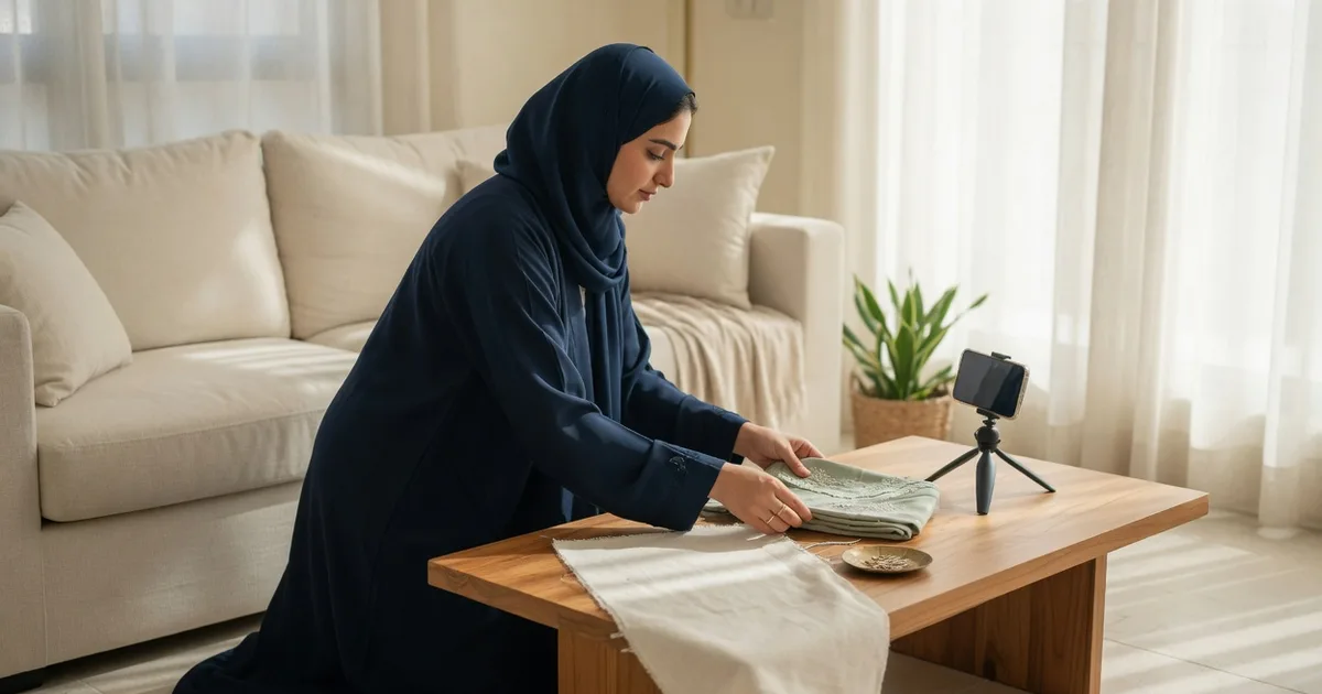 Saudi creator filming a garment and fabric swatch on a coffee table in a Jeddah living room