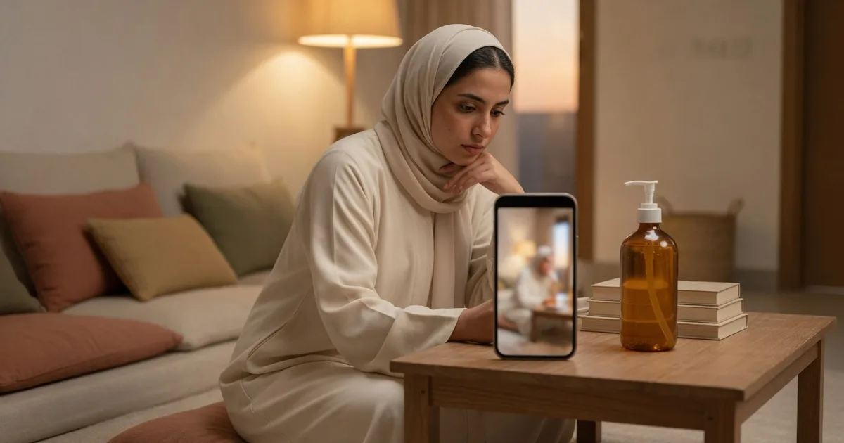 صانعة محتوى في مجلس سعودي حديث تراجع تصوير منتج على الجوال بجانب العبوة على طاولة القهوة.