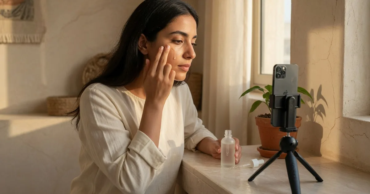 Creator in a Riyadh apartment filming a serum demo at a home vanity in natural light