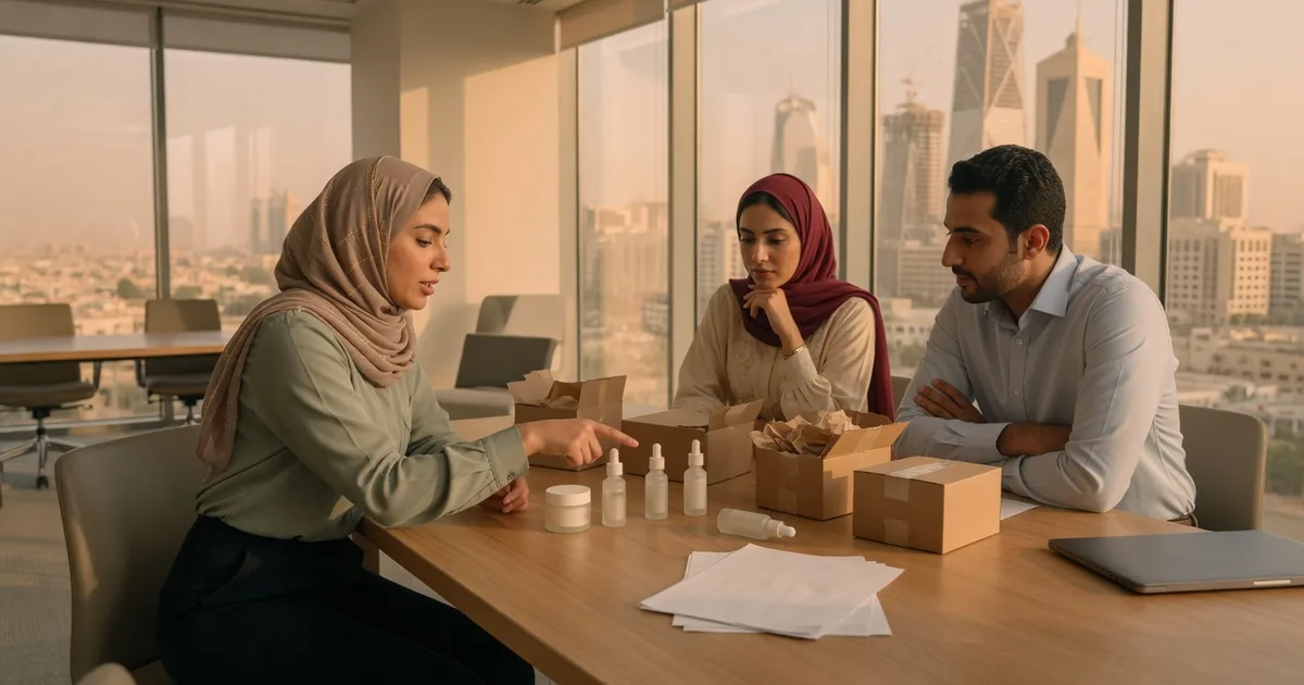 Saudi ecommerce team in a Riyadh office planning a product launch with samples on the table
