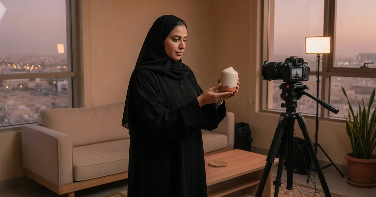 صانعة محتوى سعودية في مجلس بالرياض تصوّر منتجًا منزليًا أمام كاميرا على حامل، في أجواء تصوير هادئة.