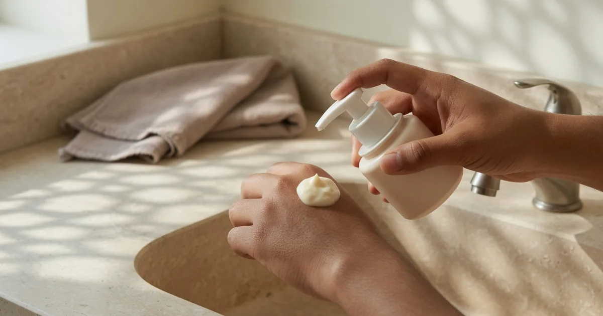 Close-up of hands pumping cream onto the back of a hand beside a stone sink in a sunlit Saudi bathroom.