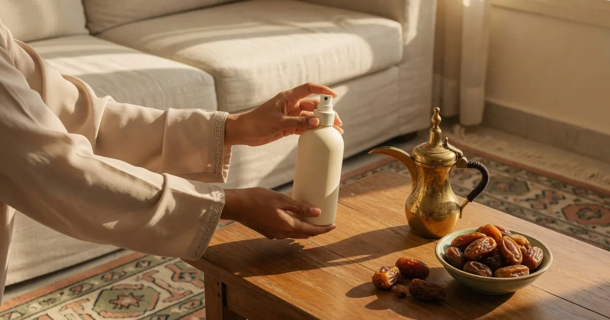 Hands in a beige abaya sleeve placing a room-spray bottle on a Saudi majlis table beside a dallah and dates.