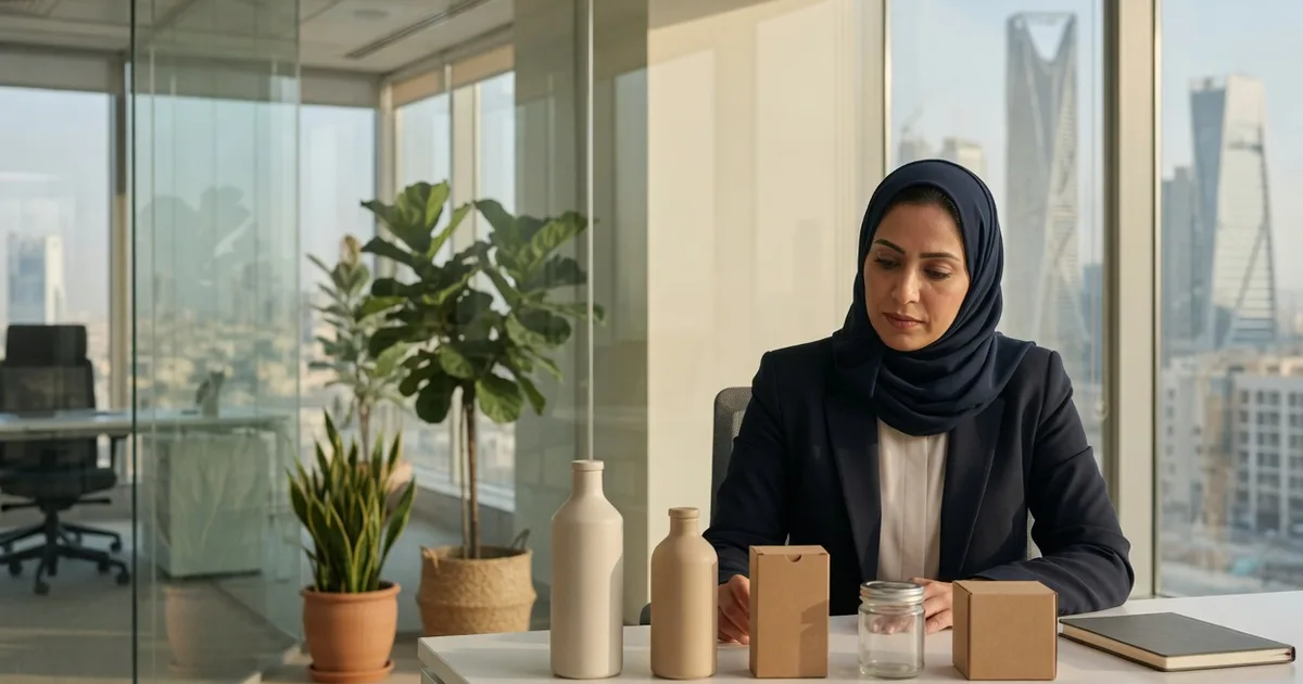 A marketing manager in a Riyadh office reviewing physical product samples lined up on a white desk.