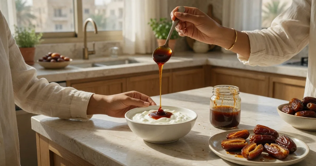 Hands drizzling date syrup over yogurt on a sunlit Riyadh kitchen island, showing the food texture a UGC video should capture.
