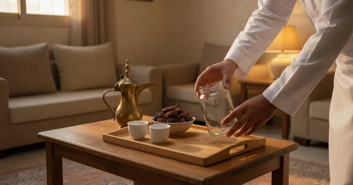A Saudi sitting room at dusk with Arabic coffee, dates, and a plain glass jar on a tray, showing a real home serving context.