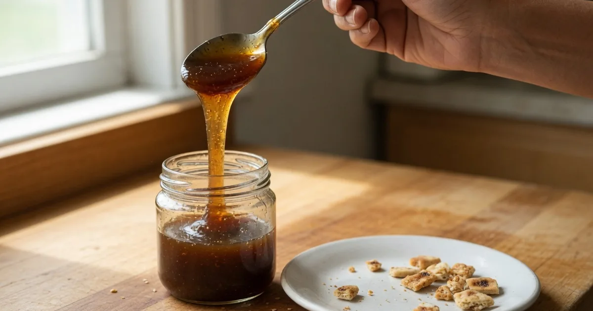 Side-lit close-up of a spoon lifting thick syrup above a wooden kitchen counter, illustrating the texture shot from the filming list.