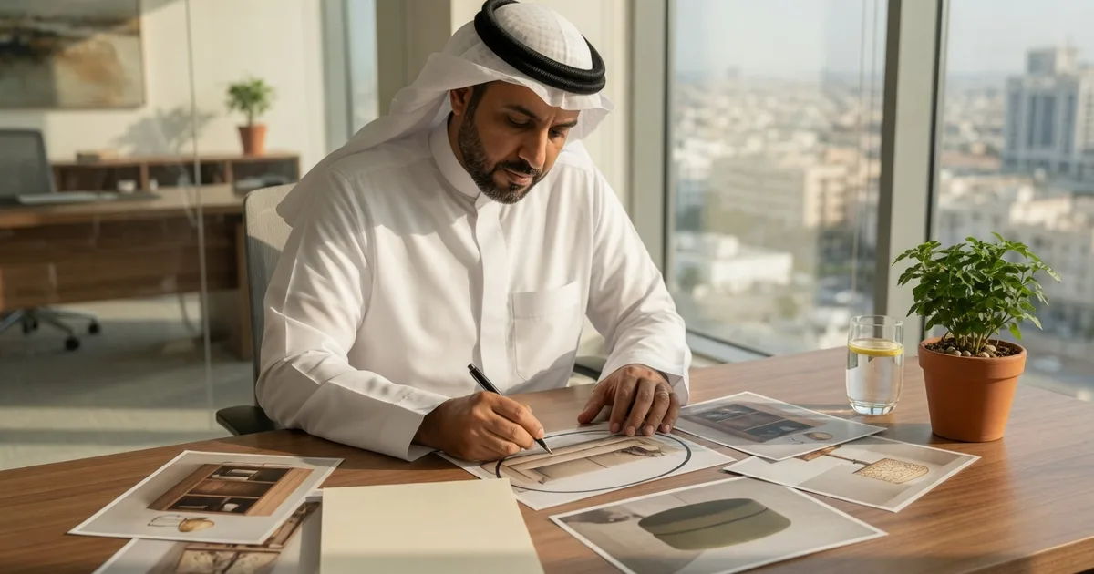 مدير متجر إلكتروني في مكتبه يرتّب صور منتجات منزلية ويكتب موجز تصوير يوضح مراجع الحجم قبل الطلب.