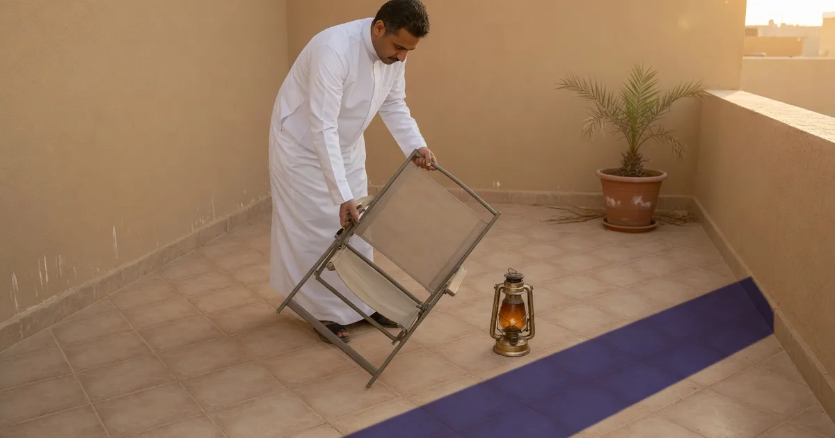 شرفة فيلا في الرياض آخر العصر، ورجل بالثوب يفتح كرسياً خارجياً في الظل بجانب فانوس معدني.