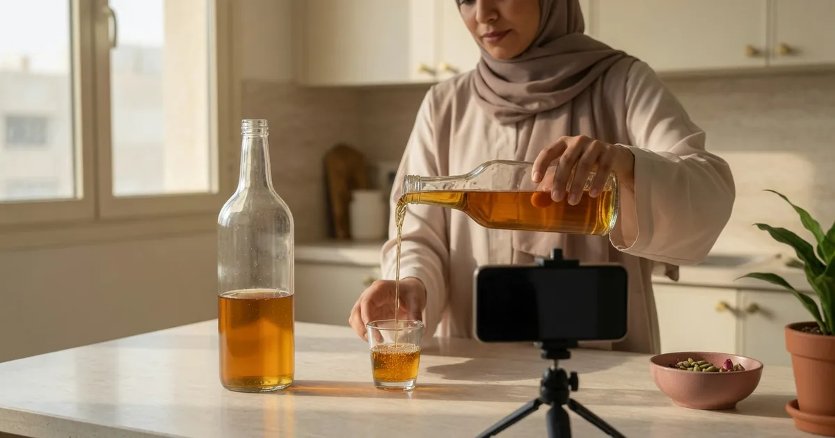 مصورة محتوى في مطبخ شقة بجدة تصوّر صب المنتج في كوب تحت ضوء الصباح