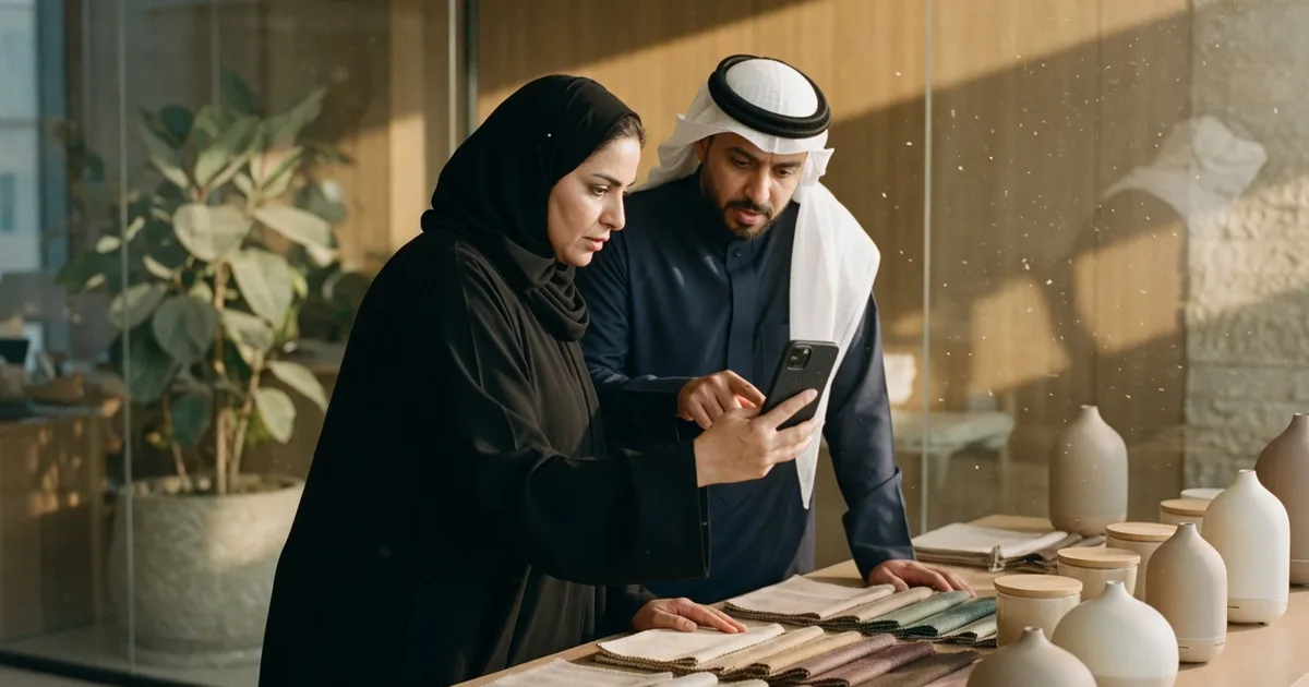 فريق تسويق في مكتب بالرياض يراجع فيديو منتج على الجوال مع عينات على المكتب