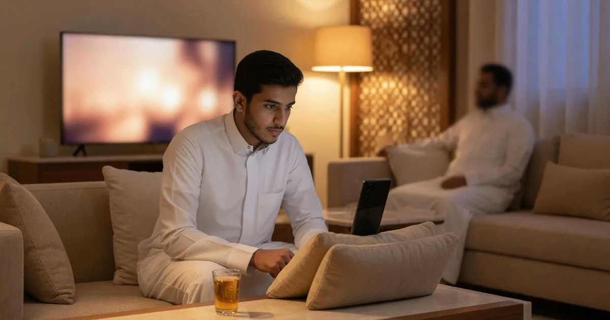شاب سعودي في مجلس منزلي بالرياض يشاهد فيديو على الجوال والتلفاز يعمل في الخلفية