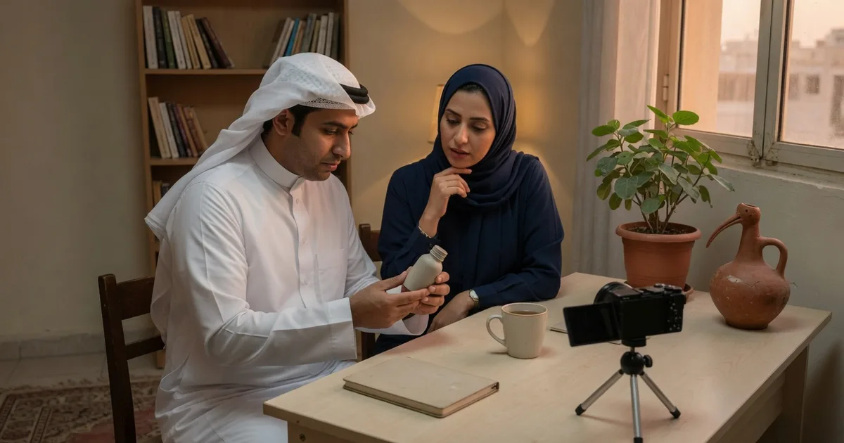 A Saudi brand pair in a Khobar home office review a physical product sample before accepting a delivered testimonial video.