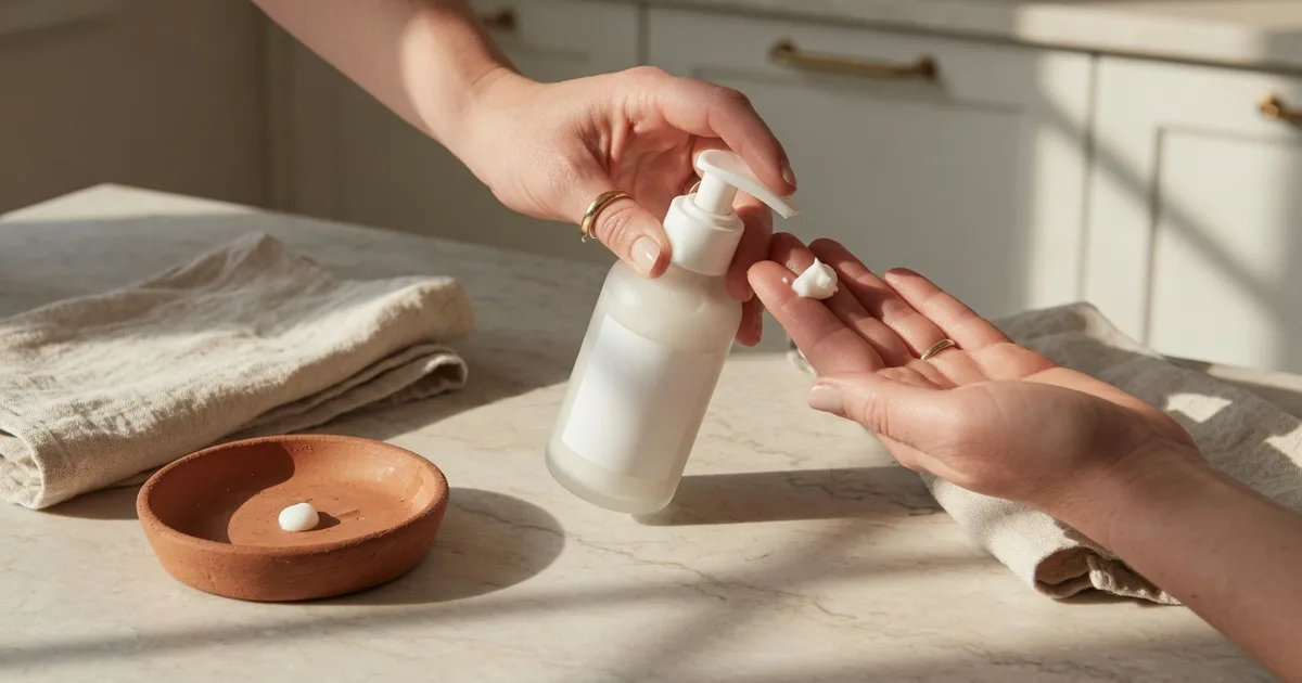 Close-up of hands testing cream texture on a Jeddah kitchen counter, the proof shot that should sit inside a testimonial video.