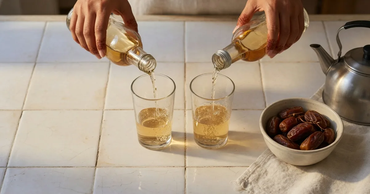 Overhead Saudi kitchen shot of two similar bottles being poured side by side for comparison