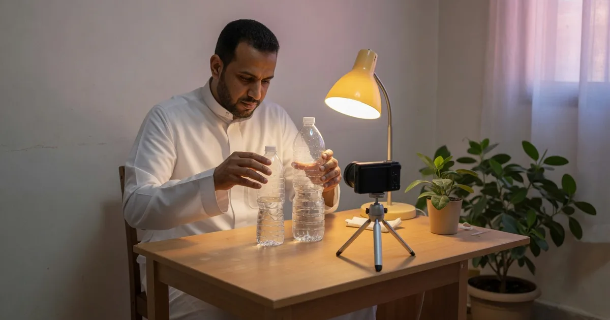 Saudi man at a home desk lining up two different-sized bottles for a comparison video