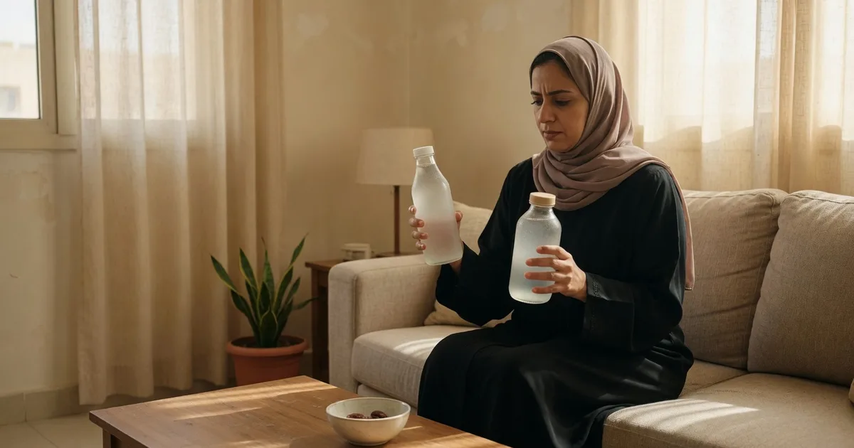 Saudi woman in a sunlit apartment comparing two unlabeled bottles of different sizes